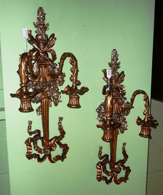 Lot 444 - Pair of ribbon and bow two candle wall sconces