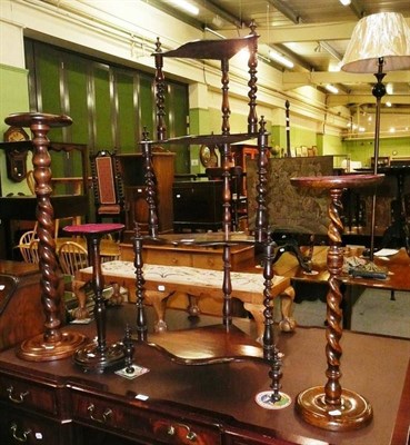 Lot 461 - A four tier whatnot, a reproduction turned beech torchere, a turned oak smoker's stand with...