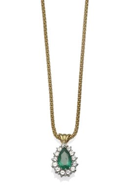 Lot 301 - An 18 Carat Gold Emerald and Diamond Cluster Pendant on Chain, a pear cut emerald within a...