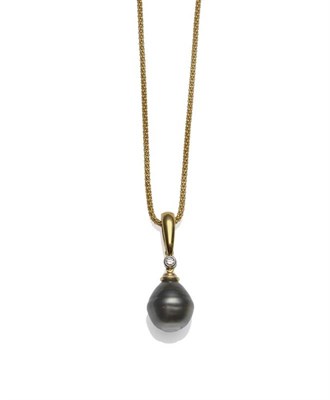 Lot 302 - An 18 Carat Gold Cultured Black Pearl and Diamond Drop Pendant on Chain, the pearl suspended from a