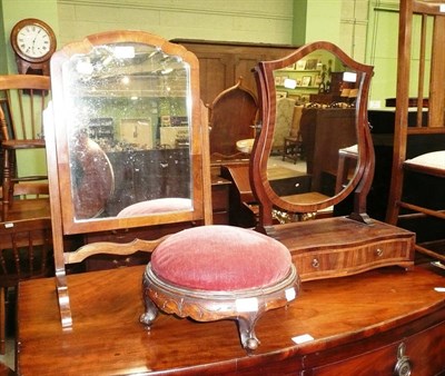 Lot 544 - Shield shaped toilet mirror, another mahogany toilet mirror and a Victorian rosewood footstool