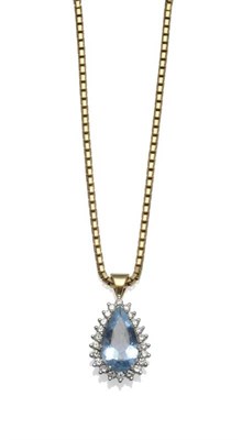 Lot 312 - An Aquamarine and Diamond Cluster Pendant on Chain, the pear cut aquamarine within a border of...