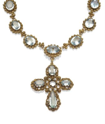 Lot 327 - An Aquamarine Necklace, circa 1860, graduated oval mixed cut aquamarines to the front of the...