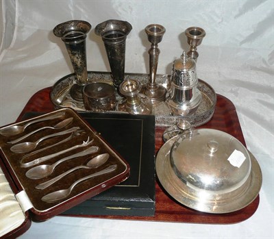 Lot 1 - A pair of silver candlesticks, a pair of silver vases, silver bangle, silver teaspoons etc