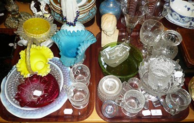 Lot 2 - Assorted coloured glassware, satin blue glass striped bowl, souvenir glasses, blue satin glass...