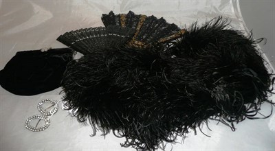 Lot 3 - Black feather boa, pair of paste buckles, black velvet evening purse and two fans