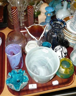 Lot 5 - Tray of assorted coloured art glass and other items including pair of turned amber and white...