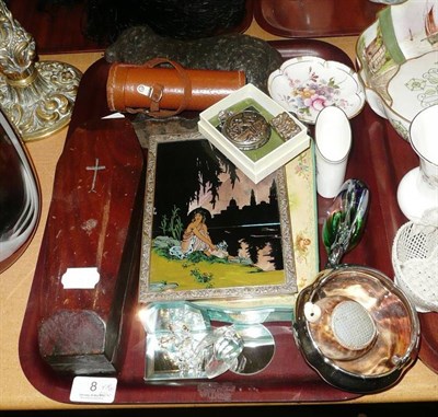 Lot 8 - Tray including cast sheep doorstop, knife sharpener in coffin case, decorative items and...