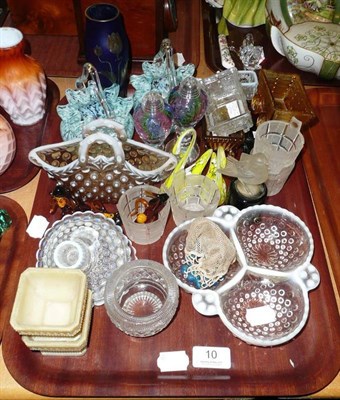 Lot 10 - Tray of assorted press moulded and coloured glassware including baskets, salts etc