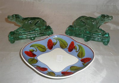 Lot 12 - Wedgwood shaped dish decorated with red flowers and a pair of Kilner style glass seated dogs