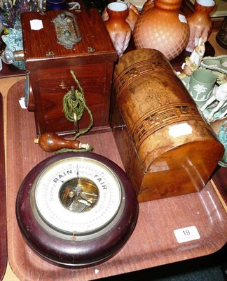 Lot 19 - Circular dial wall barometer, dome top inlaid tea caddy and one other item