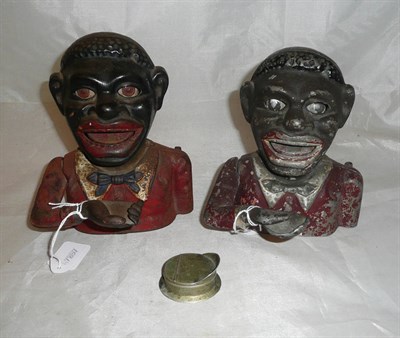 Lot 30 - A novelty snuff box in the form of a cap, one figural money box and one similar (3)