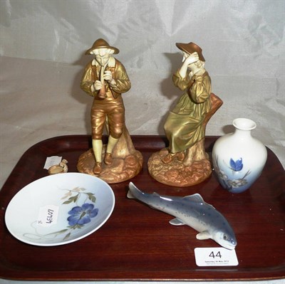 Lot 44 - A Copenhagen small vase, figure of a trout, a pin tray and a pair of Royal Worcester musician...