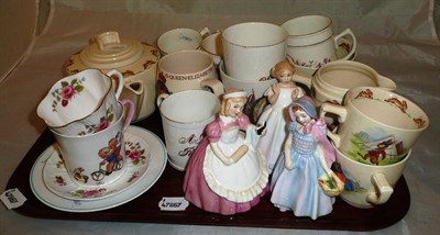 Lot 46 - Tray including three Royal Doulton figures, Bunnykins tea wares, souvenir mugs etc