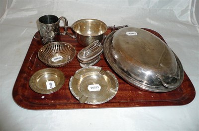 Lot 47 - Silver Christening porringer, two silver dishes, plated vegetable tureen, silver ashtray,...