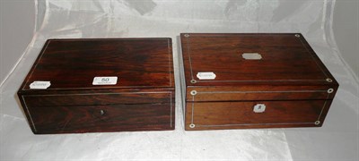 Lot 50 - Inlaid rosewood hinged sewing box with a blue paper fitted interior and another similar (2)