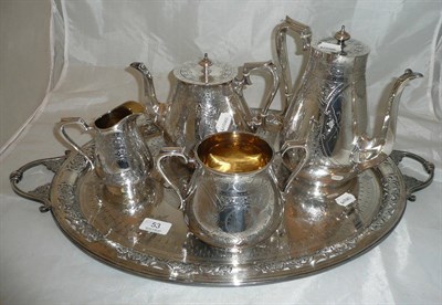Lot 53 - A four piece electroplate tea set and a plated two handled tray