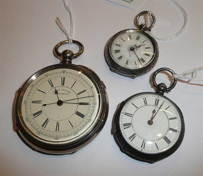 Lot 54 - A silver chronograph pocket watch and two fob watches (3)