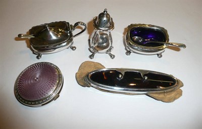Lot 66 - Three piece silver cruet, a nail buffer and a silver and enamel compact