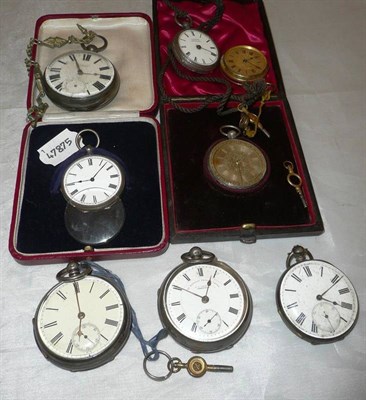 Lot 73 - Three silver pocket watches, four fob watches and a pocket watch case stamped 'Fine Silver'