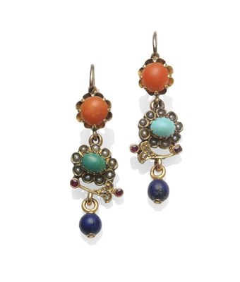 Lot 339 - A Pair of Multi-Gemstone Earrings, the drops comprising a coral, to a turquoise and seed pearl...