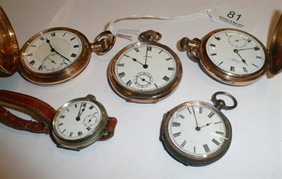 Lot 81 - Three gold plated pocket watches, fob watch and a lady's wristwatch