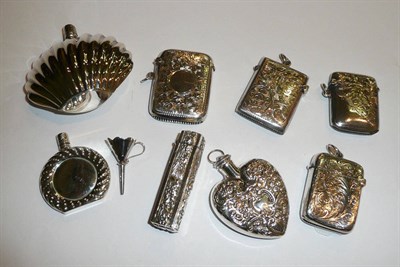 Lot 86 - Four silver hinged vesta cases, three scent bottles and a funnel etc (9)