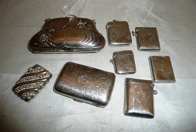 Lot 92 - Five silver vesta cases, a cigarette case, plate vesta case and a silver evening purse (8)