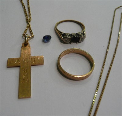 Lot 98 - 9ct gold band, cross on a chain, three stone ring (a.f.) and another chain