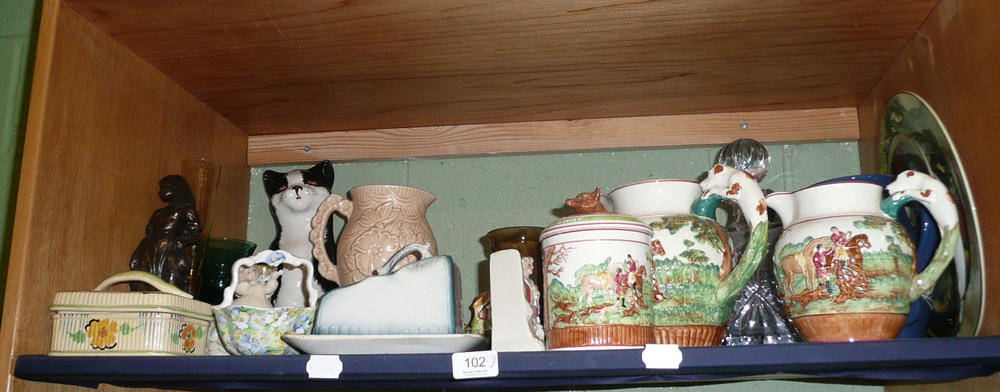 Lot 102 - Shelf of assorted decorative ceramics including Wedgwood hunting tea set, pottery slop bucket,...