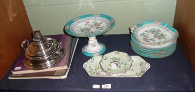 Lot 107 - Elkingtons silver plated warming stand, turquoise ground dessert service and a sandwich set, Bibbys