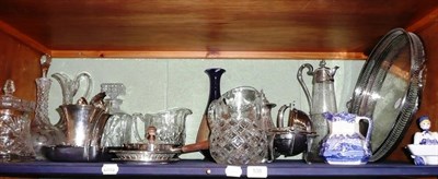 Lot 108 - Shelf including Doulton Pottery vase, plated wares, circular gallery tray, cut glassware,...