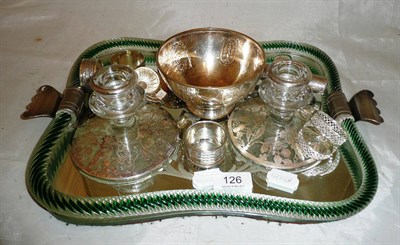Lot 126 - Etched mirrored glass two handled tray, pair of silver mounted glass candlesticks, plated and...
