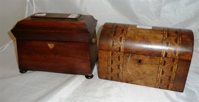 Lot 149 - Regency rosewood teacaddy and a parquetry dome top caddy (2)