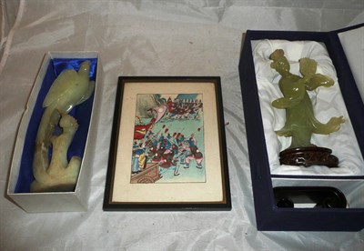 Lot 153 - Two Jadeite carvings and a framed picture 'The Battle of Mu Yeh'