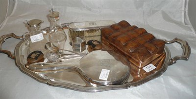Lot 154 - Plated two handled tea tray, silver mounted hand mirror, brush, two silver mounted tots,...