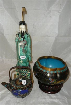 Lot 158 - Chinese cloisonné teapot and cover, later cloisonné bowl on stand and a figural table...
