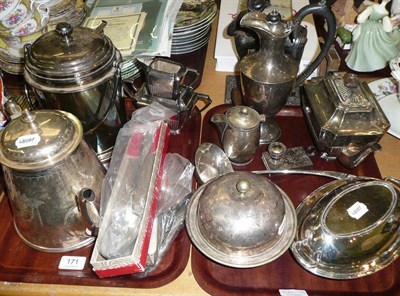 Lot 171 - Quantity of plated items comprising: large 1882 Elkington teapot, ice pail, three piece tea...