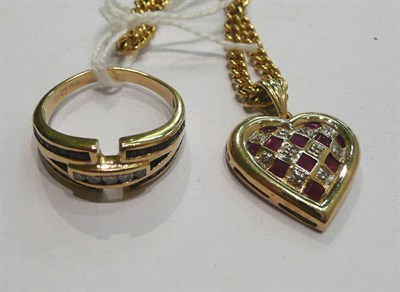 Lot 190 - A 9ct gold ruby and diamond ring, and a 9ct gold ruby and diamond pendant on a 9ct gold curb chain