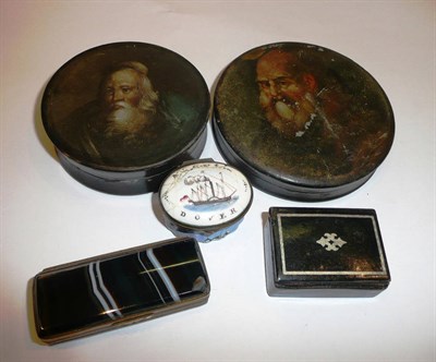 Lot 209 - Two circular papier mache snuff boxes and covers painted with portraits of bearded gents,...