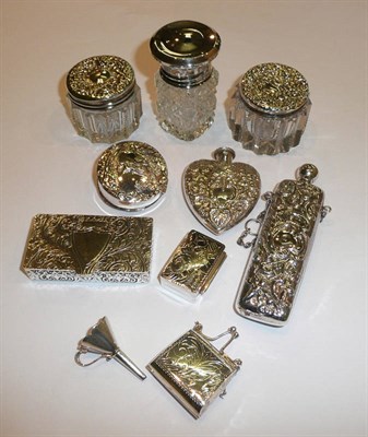 Lot 210 - Silver topped cut glass jars, heart shaped scent bottle and funnel, hinged boxes etc (10)