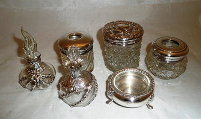 Lot 212 - Two silver mounted cut glass hair tidies, silver salt, two scent bottles with silver mounts etc (6)
