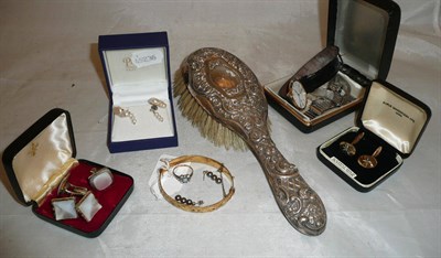 Lot 218 - A silver backed hairbrush, two lady's watches, one gent's watch, a gold plated bangle, two pairs of