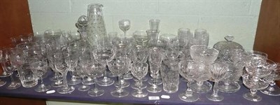 Lot 227 - Shelf of assorted cut glass ware, etched glassware, star cut jug and other items