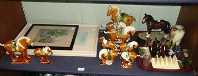 Lot 228 - Pair of watercolours 'Yorkshire Coast' and 'Coast of Cornwall', needlework picture, Beswick...