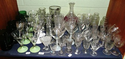 Lot 242 - Shelf of assorted cut glass ware, coloured glass mugs, Deco glassware etc