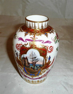 Lot 243 - Dresden porcelain vase painted with figures and ships, surrounded by floral sprays and...