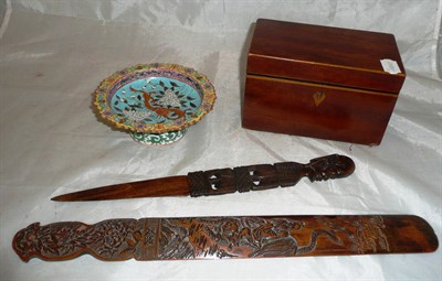 Lot 264 - Mahogany inlaid two division tea caddy, coloured enamel decorated small Chinese stand, carved...