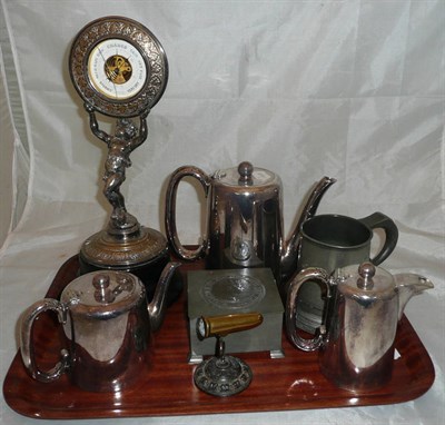 Lot 265 - A figural aneroid barometer, a pewter tankard, plated wares etc