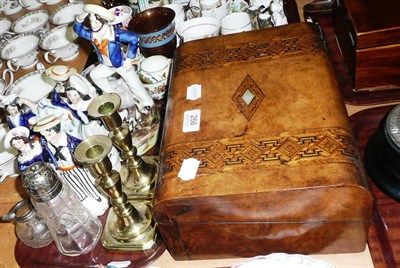 Lot 266 - Three Staffordshire figures and a pair of brass candlesticks, inlaid writing slope etc